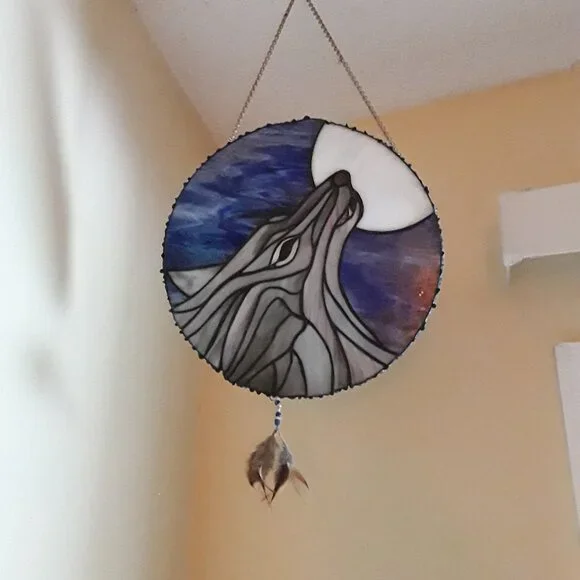 Wolf & moon glass mosaic, hand-made, 13" diameter - Picture 2 of 3